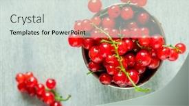  Presentation with currant - Slide deck consisting of red currant berries in a metal mug on a wooden background background and a soft green colored foreground