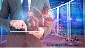  Presentation with towers - Colorful presentation design enhanced with businessman using his tablet pc against composite image of server towers backdrop and a coral colored foreground