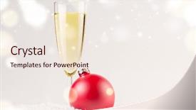  Presentation with sparkling wine - Colorful presentation theme enhanced with red decorative christmas ball on snow against grey festive background with glass of sparkling wine backdrop and a sky blue colored foreground