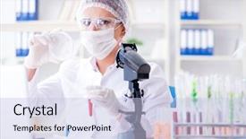  Presentation with animal testing scientist doing experiment - Cool new theme with red dna - female scientist researcher conducting backdrop and a light blue colored foreground