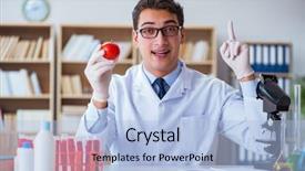  Presentation with dna - Cool new PPT layouts with red dna - scientist working on organic fruits backdrop and a light blue colored foreground