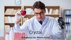  Presentation with organic - Amazing slide set having red dna - scientist working on organic fruits backdrop and a light blue colored foreground