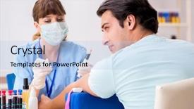  Presentation with blood test - Amazing PPT theme having red dna - young patient during blood test backdrop and a light blue colored foreground