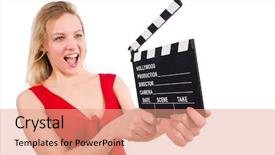  Presentation with clapboard - Slide set consisting of red dress girl holding clapboard isolated on white background and a coral colored foreground