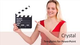  Presentation with clapboard - Beautiful slides featuring red dress girl holding clapboard isolated on white backdrop and a coral colored foreground