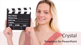  Presentation with clapboard - PPT theme having red dress girl holding clapboard isolated on white background and a lemonade colored foreground