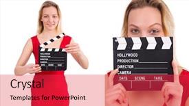  Presentation with clapboard - Slide deck with red dress girl holding clapboard isolated on white background and a red colored foreground