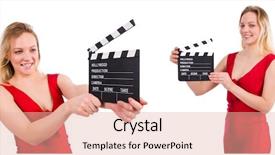  Presentation with clapboard - Presentation having red dress girl holding clapboard isolated on white background and a lemonade colored foreground