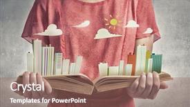  Presentation with future city - Colorful theme enhanced with red dress holding opened book backdrop and a coral colored foreground