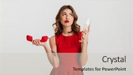  Presentation with red telephone - PPT theme with red dress holding telephone background and a soft green colored foreground