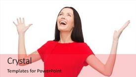  Presentation with young happy people smiling - PPT theme with red dress with hands background and a  colored foreground