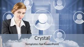  Presentation with tablet - Slide set featuring red figure circle - redhead businesswoman using her tablet background and a light blue colored foreground