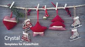 Presentation with decoration - PPT layouts enhanced with red figure group - christmas decoration over wooden background background and a gray colored foreground