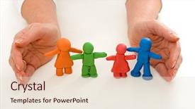  Presentation with colorful hands - Colorful theme enhanced with red figure group - woman hands protecting colorful clay backdrop and a lemonade colored foreground