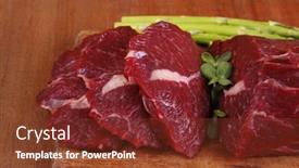  Presentation with veal - Cool new slide set with red fresh raw beef veal fillet with asparagus on cutting plate over wooden table prepared to use backdrop and a tawny brown colored foreground