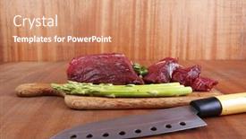  Presentation with veal - Amazing presentation theme having red fresh raw beef veal fillet with asparagus and stainless steel chef knife on cutting plate over wooden table prepared to use backdrop and a coral colored foreground
