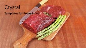  Presentation with veal - Colorful slide set enhanced with steel chef knife on cutting backdrop and a red colored foreground