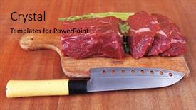  Presentation with veal - Amazing theme having red fresh raw beef veal fillet with asparagus and stainless steel chef knife on cutting plate over wooden table prepared to use backdrop and a red colored foreground