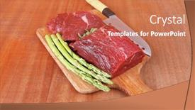  Presentation with veal - Colorful presentation theme enhanced with red fresh raw beef veal fillet with asparagus and stainless steel chef knife on cutting plate over wooden table prepared to use backdrop and a coral colored foreground