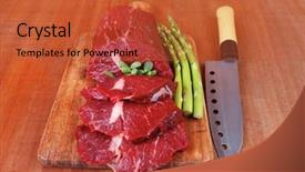  Presentation with veal - Beautiful presentation theme featuring steel chef knife on cutting backdrop and a red colored foreground