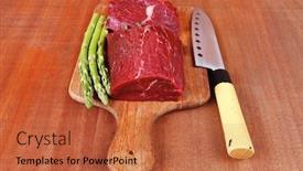  Presentation with veal - Amazing presentation having red fresh raw beef veal fillet with asparagus and stainless steel chef knife on cutting plate over wooden table prepared to use backdrop and a red colored foreground