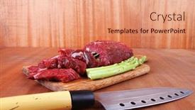  Presentation with veal - Presentation theme consisting of red fresh raw beef veal fillet with asparagus and stainless steel chef knife on cutting plate over wooden table prepared to use background and a coral colored foreground