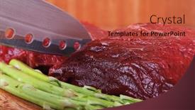  Presentation with veal - Cool new presentation design with red fresh raw beef veal fillet with asparagus and stainless steel chef knife on cutting plate over wooden table prepared to use backdrop and a red colored foreground