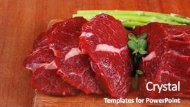  Presentation with veal - Presentation enhanced with red fresh raw beef veal fillet with asparagus on cutting plate over wooden table prepared to use background and a tawny brown colored foreground