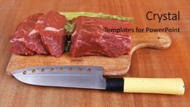  Presentation with veal - Colorful presentation design enhanced with steel chef knife on cutting backdrop and a red colored foreground