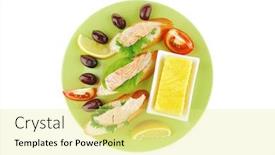  Presentation with salmon - Audience pleasing slide set consisting of red fried salmon chunks on baguette slices backdrop and a blonde colored foreground