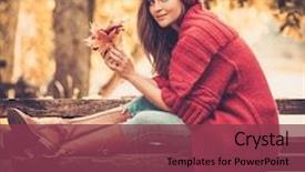  Presentation with knitted knitting needle - PPT layouts having red fun - beautiful woman wearing knitted coat background and a  colored foreground