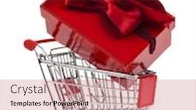  Presentation with red bow - Slide set with red gift box with bow in shopping cart isolated on white background and a coral colored foreground