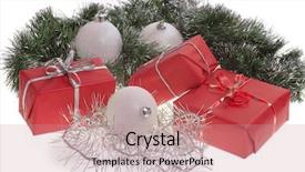  Presentation with gifts - Presentation theme having red gifts with silver tinsel background and a coral colored foreground
