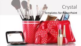  Presentation with brushes makeup - Audience pleasing slides consisting of red glass with brushes and makeup bag with cosmetics isolated on white backdrop and a light gray colored foreground