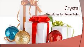  Presentation with christmas balls disco ball - Theme having red gold blue - christmas gifts in with coloured background and a sky blue colored foreground