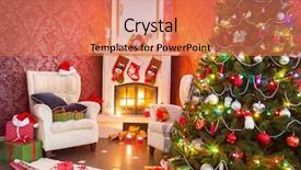  Presentation with christmas tree - PPT layouts featuring red gold fire - festively decorated apartment with fireplace background and a coral colored foreground