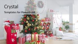  Presentation with interior decorating home - Slide deck featuring red gold fire - festively decorated home interior background and a light gray colored foreground