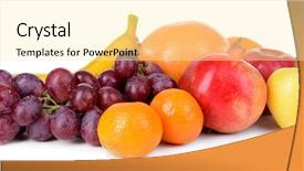  Presentation with fresh fruits salad on white - Colorful slide deck enhanced with red grape - assortment of exotic fruits isolated backdrop and a coral colored foreground