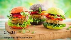  Presentation with burgers - Presentation design featuring red green black mini burgers with quinoa and vegetables background and a gold colored foreground