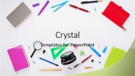  Presentation with green notebook - Amazing PPT theme having red green yellow alarm clock - paper notebook and school supplies backdrop and a white colored foreground