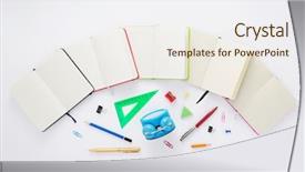  Presentation with notebook paper - Colorful slide set enhanced with red green yellow alarm clock - paper notebook and school supplies backdrop and a sky blue colored foreground