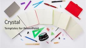  Presentation with notebook paper - Beautiful slides featuring red green yellow alarm clock - paper notebook and school supplies backdrop and a light gray colored foreground