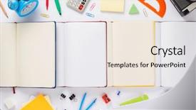  Presentation with open book - Amazing presentation design having red green yellow alarm clock - school accessories and open notebook backdrop and a white colored foreground