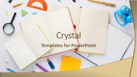  Presentation with open book - Audience pleasing slides consisting of red green yellow alarm clock - school accessories and open notebook backdrop and a sky blue colored foreground