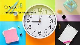  Presentation with abstract - Presentation theme featuring red green yellow alarm clock - school supplies at abstract colorful background and a yellow colored foreground