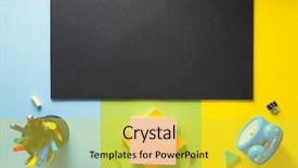  Presentation with school - Slides enhanced with red green yellow alarm clock - school supplies at abstract colorful background and a yellow colored foreground