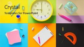  Presentation with colorful abstract movable - PPT theme having red green yellow alarm clock - school supplies at abstract colorful background and a yellow colored foreground