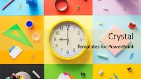  Presentation with abstract - Cool new PPT layouts with red green yellow alarm clock - school supplies at abstract colorful backdrop and a yellow colored foreground
