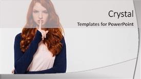  Presentation with lady - Presentation theme having red hair girl - photo of serious young redhead background and a light gray colored foreground