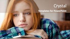  Presentation with sad - Beautiful PPT layouts featuring red hair girl - sad tired young redhead lady backdrop and a coral colored foreground